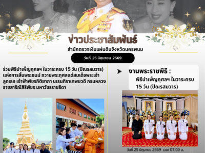 วันที่ 25 มิถุนายน 2569 เวลา 07.00 น. นางสาวมนตรา บุตรกุล ผู้อำนวยการกลุ่ม ได้รับมอบหมายจาก นางสาวสิวินีณ์ ยั่งยืนนาน ผู้อำนวยการสำนักตรวจเงินแผ่นดินจังหวัดนครพนม เข้าร่วมพิธีบำเพ็ญกุศลฯ ในวาระครบ 15 วัน (ปัณรสมวาร) แห่งการสิ้นพระชนม์ ถวายเป็นพระกุศลแด่ สมเด็จพระเจ้าลูกเธอ เจ้าฟ้าพัชรกิติยาภา นเรนทิราเทพยวดี กรมหลวงราชสาริณีสิริพัชร มหาวัชรราชธิดา ณ ศาลาการเปรียญวัดสว่างสุวรรณาราม